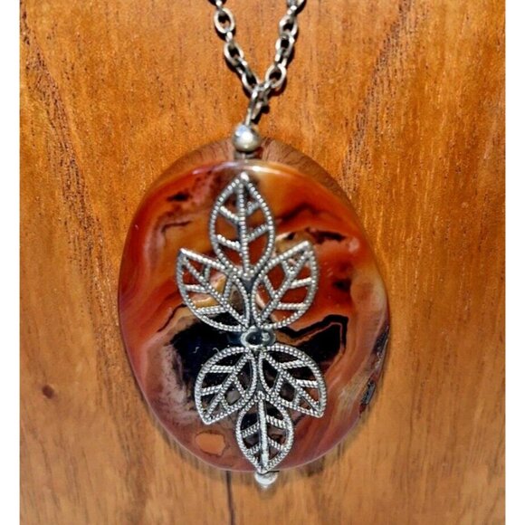 HM Silver Caramel Brown Black Oval Agate Stone Leaf Overlay Statement Necklace - Picture 2 of 8